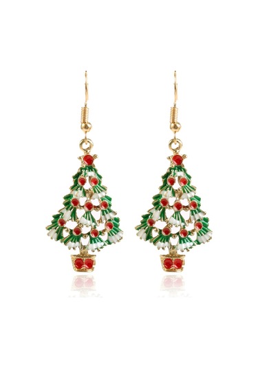 Samdoo Noel Ağaç Desenli Renkli Altın Renkli Asma Küpe - Noel Partileri Ve Hediyelik Özel Aksesuar Gold