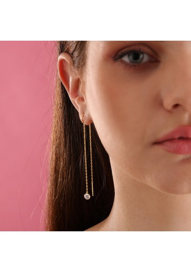 Queen Silver Jewelry 925 Ayar Gümüş Yuvarlak Zirkon Taş Sallantılı Küpe Altın