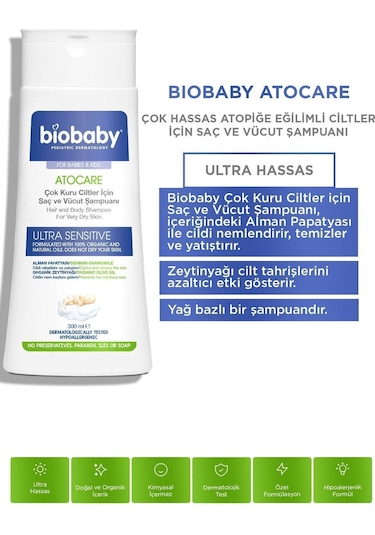 Biobaby Çok Kuru Ciltler Saç Ve Vücut Şampuanı 300 ml - Organik Zeytin Yağı Alman Papatyası Atopik Ciltler