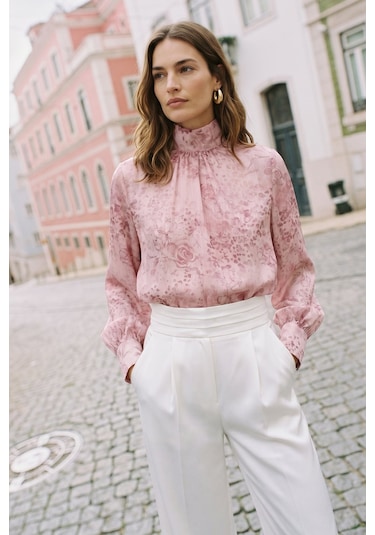 Sateen Desenli Uzun Kollu Bluz - Pembe-137491