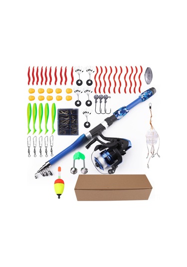 Springsun Fıshkıng 1.8m Geniş Kullanımlı Kamouflaj Mavi Olta Seti, 55 Parça Yeni Başlangıçcılar İçin Portatif Yumuşak Yemli Alabalık Avı Kombinasyonu