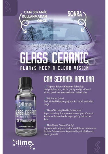 Lime Cleaner Araba Cam Seramik Kaplama 30ml - Yüksek Su İticiliği Ve Uzun Süreli Koruma