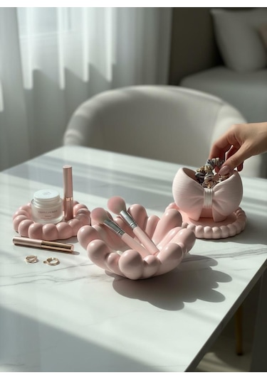 Dekoratif Pembe 4 Lü Set Takı Tab Ağı,fırçalık Organizer 4 Adet