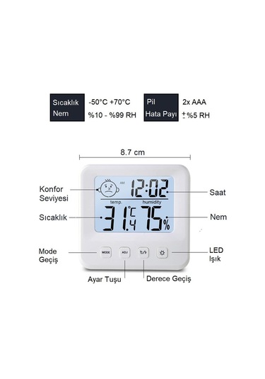 UpWay Dijital LCD Masaüstü Saat Sıcaklık Nem Konfor Alarm Led Işı