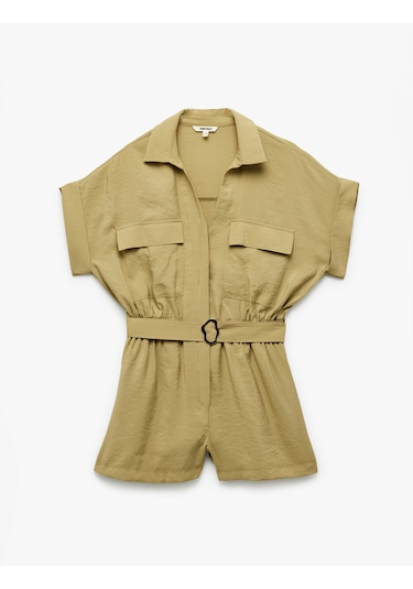 Koton Kemerli Cepli Gömlek Yaka Kısa Kollu Modal Kumaş Şort Tulum Khakı 5sak80323ew Haki