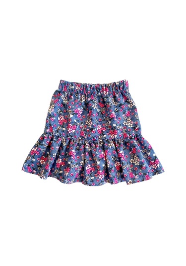 Çiçek Desenli Fırfırlı Çocuk Etek Koyu Gri Mavi Renk Tonunda Grimavi Fırfırlı Gri - Mavi