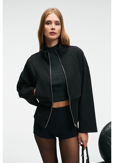 VIVETY Kadın Dik Yakalı Metal Fermuarlı Korse Görünümlü Bele Oturan Regular Siyah Ceket