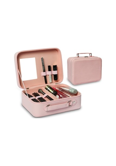 Pu Deri Makyaj Çantası Seyahat İçin Taşınabilir, Çift Yetenekli Fermuar, Su Geçirmez, Yüzen Ayna, Bölücü Panellerle Büyük Kapasite Makyaj Kutusu Pembe Pembe Pembe