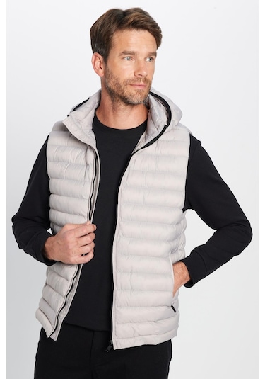 Erkek Slim Fit Dar Kesim Astarlı Rüzgar Geçirmez Cepli Taş Renk Çıkarılabilir Kapüşonlu Şişme Yelek-32084 Taş