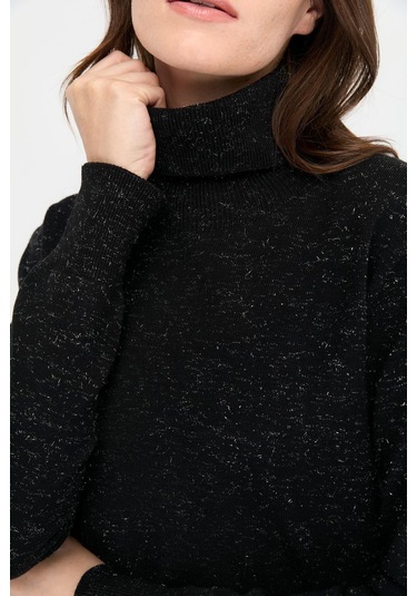 Desen Triko Kadın Tam Balıkçı Yaka Dikişsiz Kazak 23391 Siyah Siyah