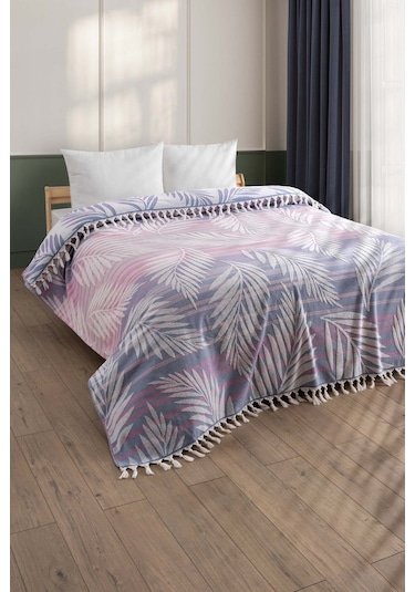 %100 Pamuk Havlu Saçaklı Bukle Yatak Örtüsü - Çift Kişilik & Püsküllü Pike - Bordo Çizgili İndigo İndigo