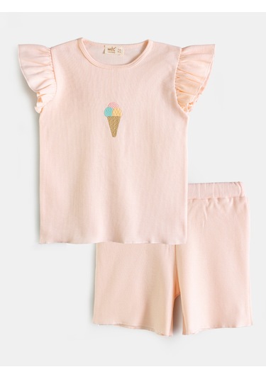 Aysbebe Kız Çocuk Dondurma Nakışlı Şortlu Kaşkorse Takım Kısa Kollu Somon MTC1002S