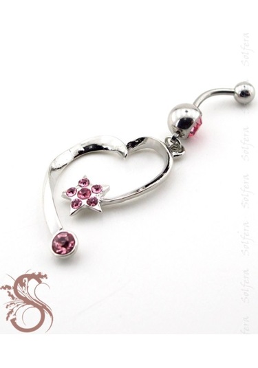 Pembe Taşlı Kalp Yıldız Cerrahi Çelik Göbek Piercing P424 Pembe