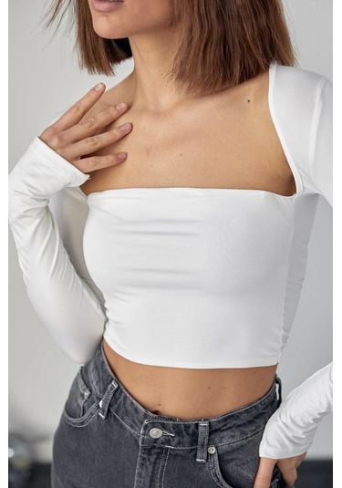 Kara Yaka Uzun Kollu Crop - Beyaz Karışık