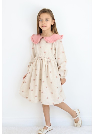 Miababy Yakalı Keten Elbise 1-8 Yaş GÜL KURUSU