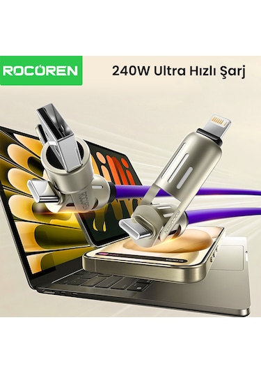Rocoren 240w 4'ü 1 Arada Type-c / Usb-a / Lightning Mor Silikon Şarj Ve Data Kablosu 1.2 Metre