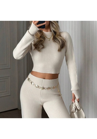 Hidafashion Yarım Balıkçı Crop Triko Takım Ekru