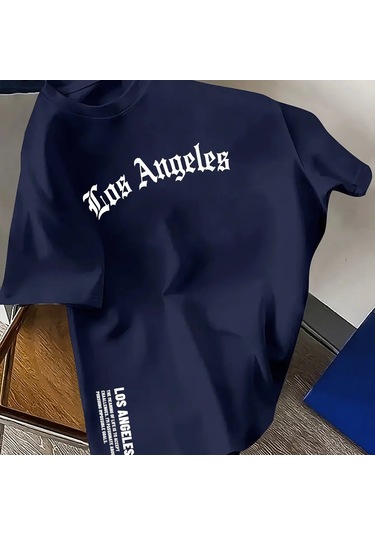 Guılan Erkek %100 Pamuk Los Angeles Baskılı Gevşek Yuvarlak Boyun Kısa Kollu Tişörtlacivert Lacivert