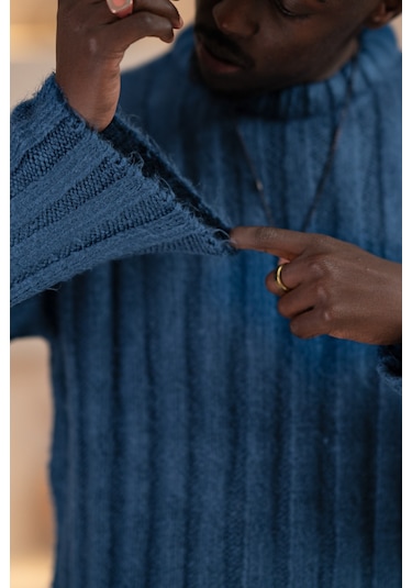 Oversize Kendinden Çizgili Pamuklu Kalın Triko Spor Kazak Indigo