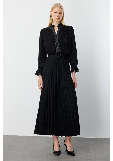 Moda İlgi Kadın Ön Bedeni Taşlı Piliseli Elbise 0060 Siyah Siyah