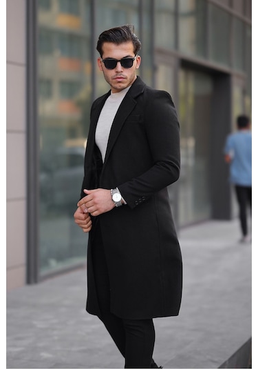 Erkek Siyah Dar Kesim Uzun Yün Karışımlı Kaşe Kaban Siyah