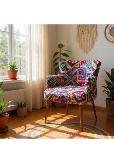 Roma Modern Tekli Koltuk Berjer - Dijital Baskılı Kumaş - Ahşap Ayak - Renkli Çizgili Renkliçizgili
