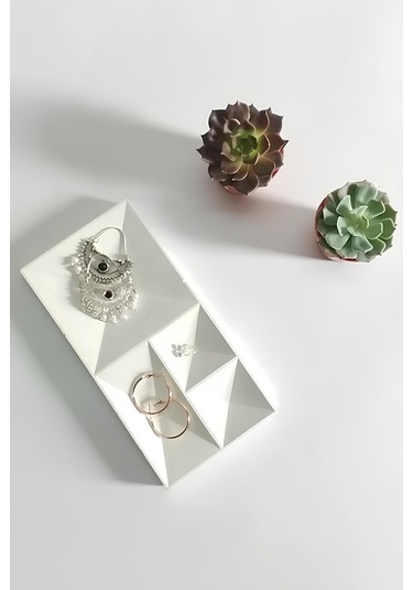 Beton Geometrik Takı Organizer Yüzük, Kolye, Küpe Ve Saat Düzenleyici Dekoratif Tepsi Beyaz