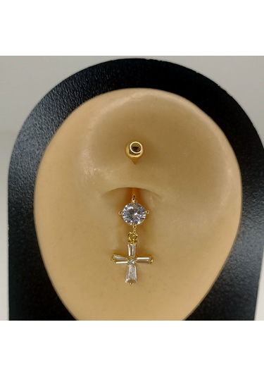 Aya Tasarım Gold Renk Taşlı Haç Figürlü Göbek Piercing