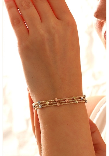 Moom Mücevherat 14 Ayar Altın Dorika Toplu Altın Bileklik Popcorn Renkli Toplar Üç Sıra Çok Renkli