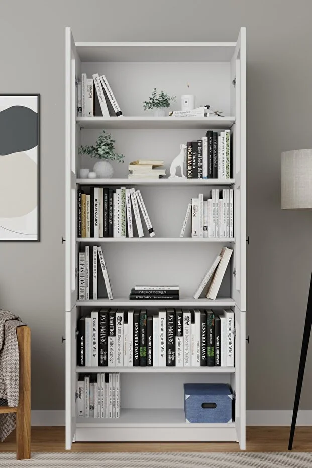 Lisa 4 Kapaklı Beyaz Vitrin - Kitaplık Ve Çok Amaçlı Dolap Beyaz