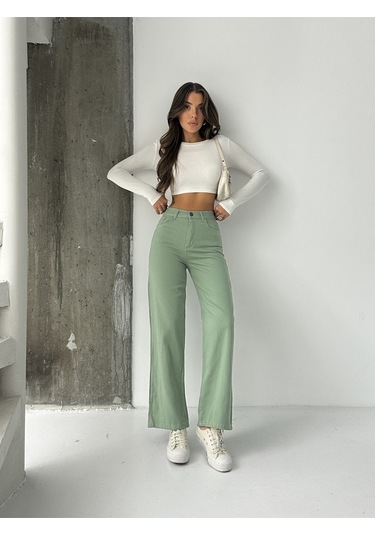 Kadın Yüksek Bel Keten Boyfriend Bol Paça Yeşil