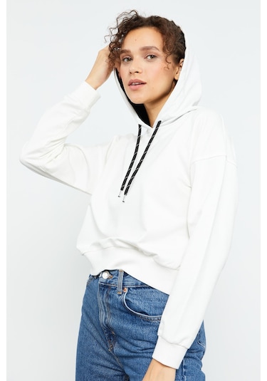 Tommy Life Ekru Uzun Kol Rahat Form Kapüşonlu Kadın Sweatshirt - 97115 Ekru