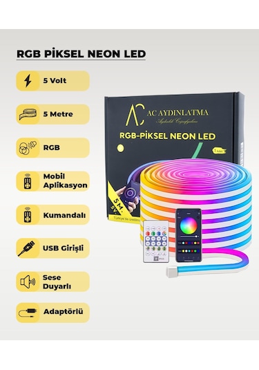 Usb Neon Rgb Piksel Şerit Led - Animasyonlu - Sese Duyarlı - 5 Metre Mobil Aplikasyon - Kumandalı 5 METRE