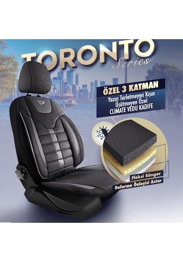 Panda Toronto Serisi Süet Kumaş Oto Koltuk Kılıfı - Siyah / Gri