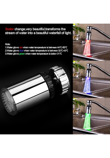 Lemestar Led Su Sicaklığı Algılayan 3 Renkli 360 Derece Döner Musluk Ucu Otomatik Aydınlanır, Elektriksiz