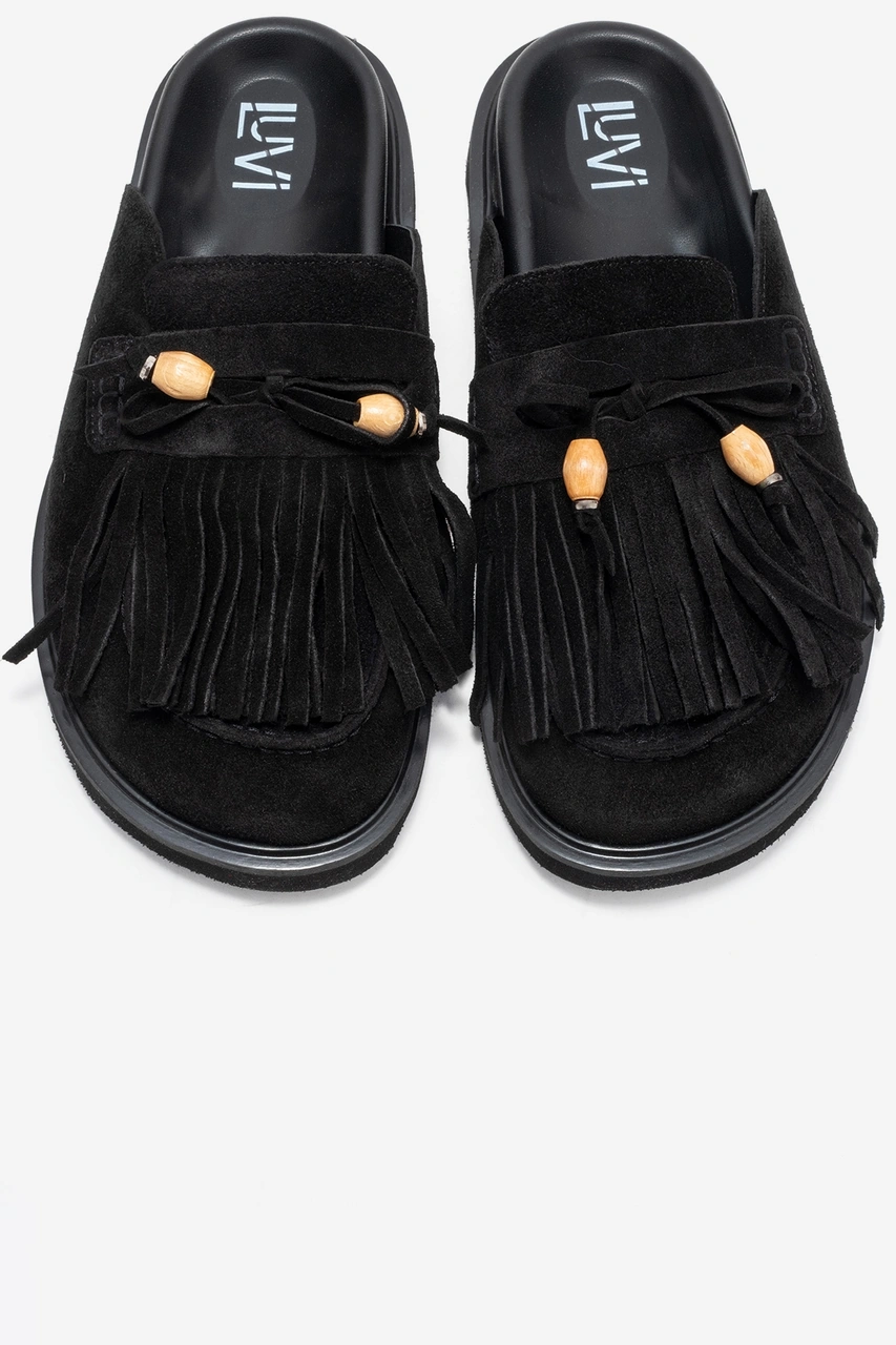 Carol Siyah Süet Püsküllü Hakiki Deri Kadın Burnu Kapalı Terlik Siyah