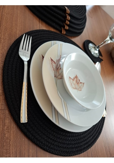 Siyah 6 Kişilik 12 Parça Amerikan Servis, Hasır Supla Takımı, Tab Siyah