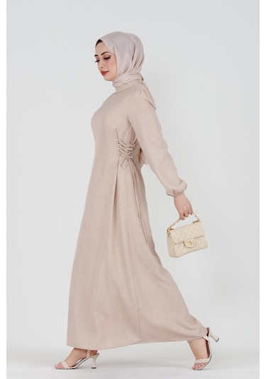 Yanı Bağcıklı Keten Elbise-bej-3366-kahverengi Kahverengi