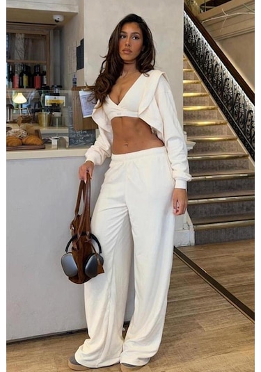 Madmext Beyaz Bol Paça Kadın Eşofman Altı Mg2279 Beyaz