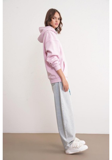Mixray 2022 Unisex 3iplik Basic Polarlı Kapüşonlu Sweatshirt Hoodie Pembe
