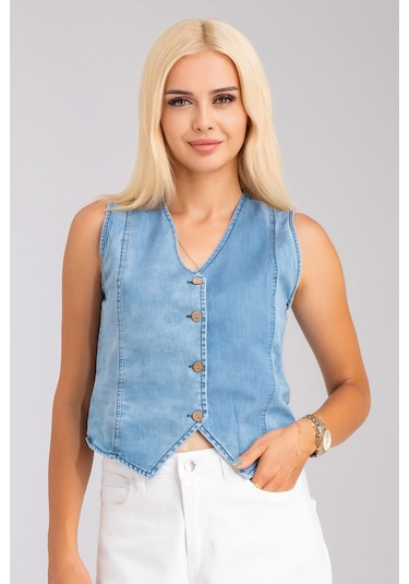 Bold & Young Kadın Bleach Yıkama Lyocell İnce Denim Kumaş Kot Yelek Lacivert