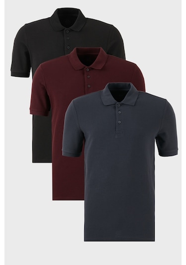 Buratti Pamuklu Regular Fit Düğmeli Polo Yaka 3'Lü Paket Erkek T Shirt 5902127S3 Siyah-Vişne-Antrasit