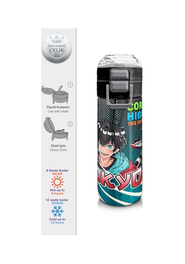 Coral High Kids Gri Nefti Anime Motorsiklet Desenli Pipetli Ve Direkt İçim Çelik Termos 500 Ml 31965 Mavi - Pembe - Sarı - Siyah