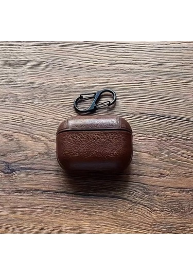 Airpods Pro 3 2025 Uyumlu Lüx Deri Suni Deri Kılıf 360 Koruma+kanca Koyu Kahverengi