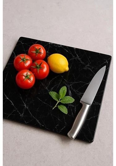 Siyah Mermer Görünümlü Cam Kesme Tahtası Kırılmaz, Oval Kenarlı 20x30 Cm Hijyenik Kesme Tahtası Siyah Mermer