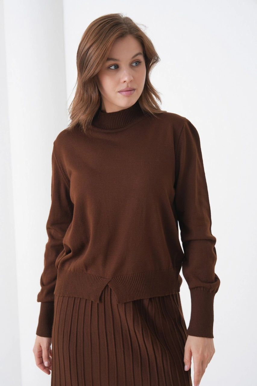 Kadın Pileli Etek Kazağı V Tasarım Tesettüre Uygun Örgü Triko Etek Kazak Takım Kahverengi