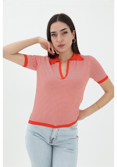 İnce Çizgili Polo Yaka Triko Kazak - Turuncu - Kadın
