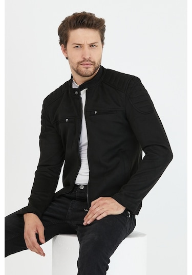 Erkek Siyah Dar Kesim Süet Ceket Mont-Siyah