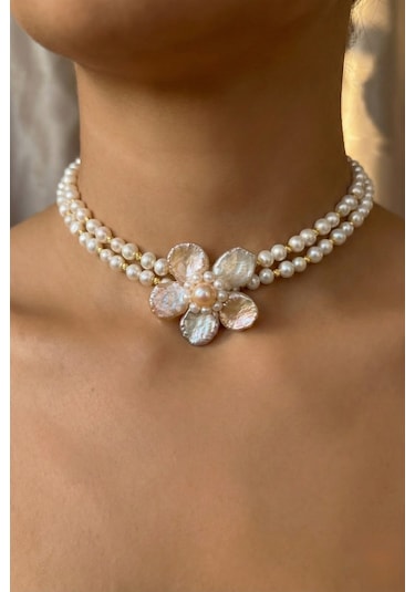 Doğal İnci Çiçek Choker Kolye