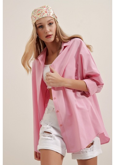 Bigdart 3900 Oversize Uzun Basic Gömlek - Pembe 001